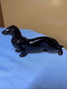 Dachshund Dog Figurine Red Clay Black Glossy Ceramic Blue Eyes 9” long